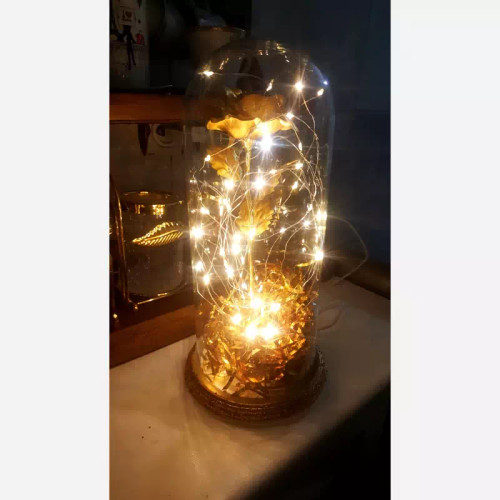 باکس گل رز طلایی شیشه ای چراغدار وپایه دار