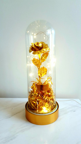 باکس گل رز طلایی شیشه ای چراغدار