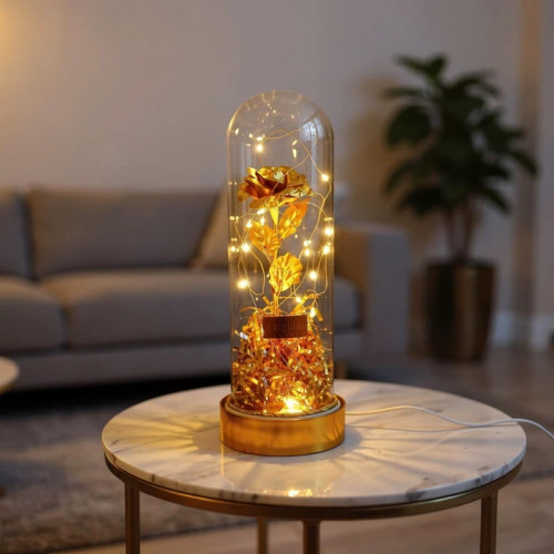 باکس گل رز طلایی شیشه ای چراغدار